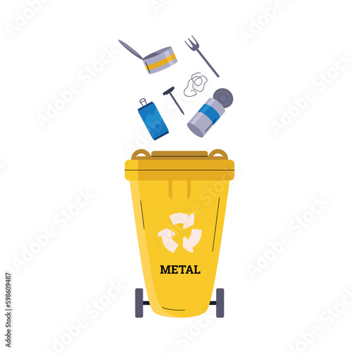 Yellow garbage container for metal recycling, flat vector illustration isolated on white background.