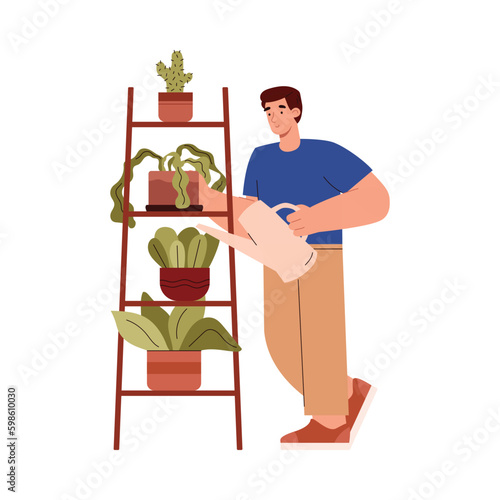 Happy man watering plants, flat vector illustration isolated on white background.