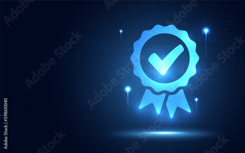 Futuristic badge award medal and business guarantee mark symbol for online digital transformation abstract technology background. Innovative technology and big data concept. Vector illustration
