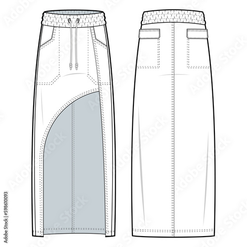 Asymmetric cut out Maxi skirt with drawstring waist technical fashion illustration. Maxi skirt flat sketch vector template illustration. front and back view. isolated in white colour. CAD mock-up set.