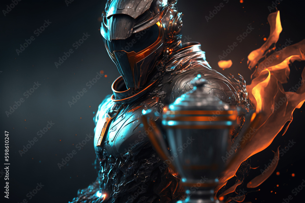 Armored futuristic knight looks at trophy. Esport gaming competition concept. Copy space. Generative AI Armored futuristic knight looks at trophy. Esport gaming competition concept. Copy space. Generative AI