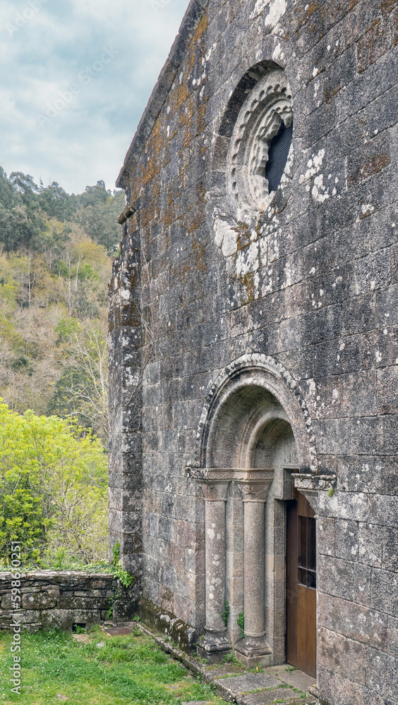 Pontedeume, Galicia, Spain - April 3, 2023: Monastery of San Xoan de Caaveiro in the natural reserve of Pontedeume, Galicia, Spain - April 3, 2023: Monastery of San Xoan de Caaveiro in the natural reserve of