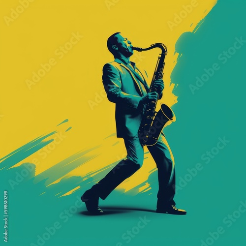 Man plays the saxophone with colorful splashes, in the style of dark teal and light yellow. Generative AI