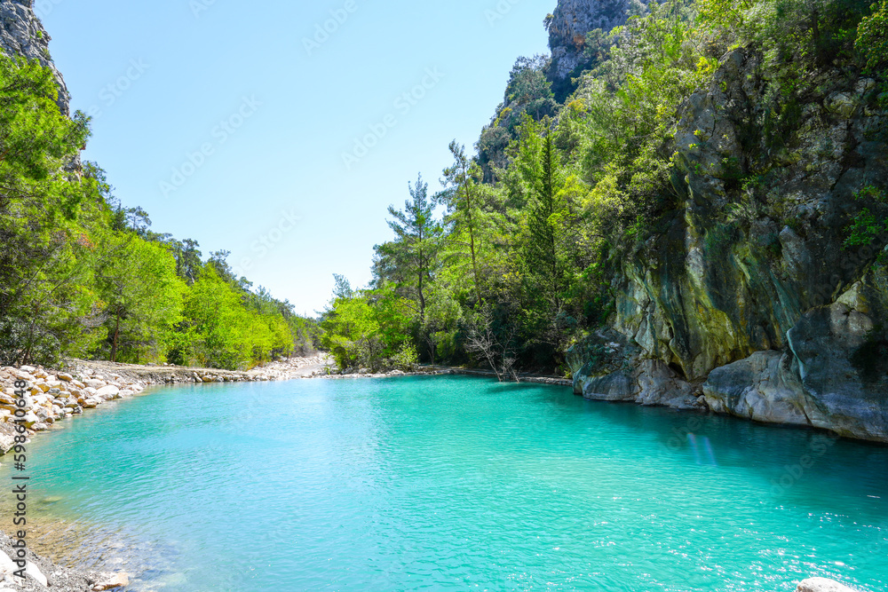 Goynuk canyon near Kemer. Idyllic landscape with rocks and canyons and turquoise water. Nature in Turkey.
