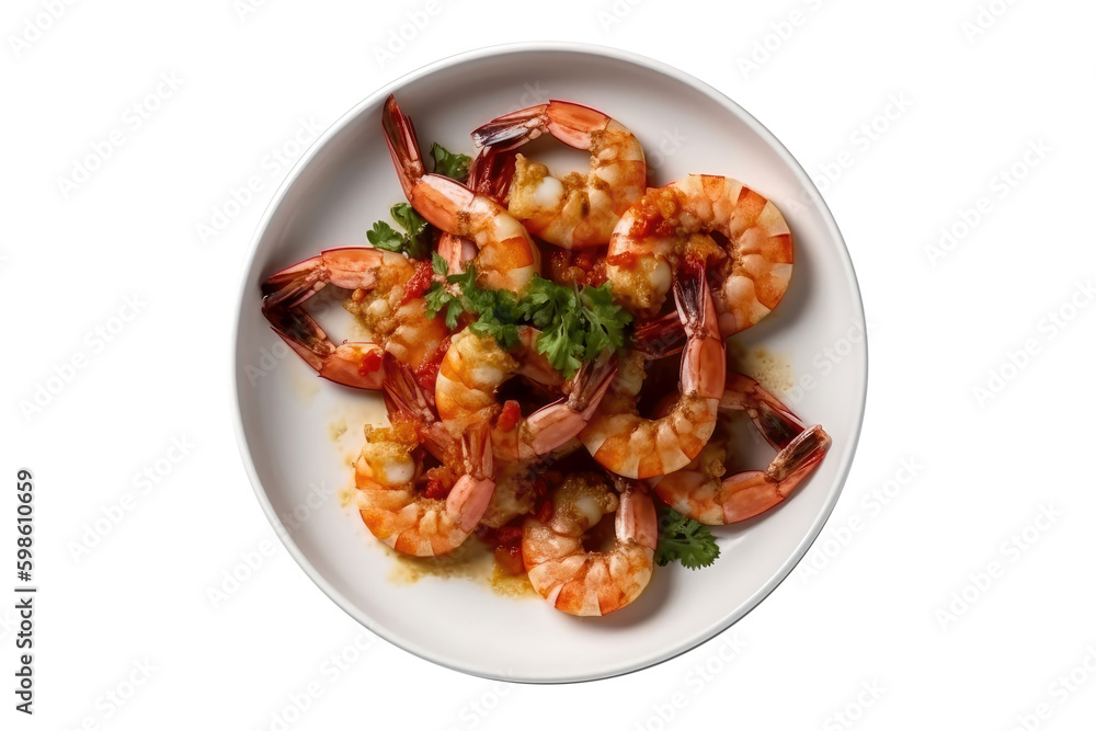 Camarones Al Ajillo On A White Plate. On An Isolated Transparent Background, Png. Mexican Cuisine. Generative AI