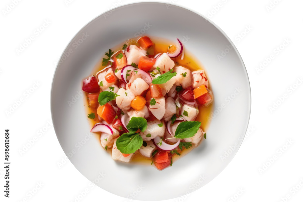 Ceviche On A White Plate. On An Isolated Transparent Background, Png. Mexican Cuisine. Generative AI Ceviche On A White Plate. On An Isolated Transparent Background, Png. Mexican Cuisine. Generative AI