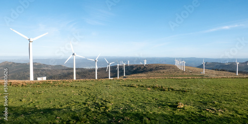 Meizoso, Galicia, Spain - April 2, 2023: Wind farm near "Garita de Herbeira"