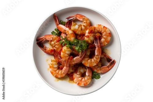 Camarones Al Ajillo On A White Plate. On An Isolated Transparent Background, Png. Mexican Cuisine. Generative AI