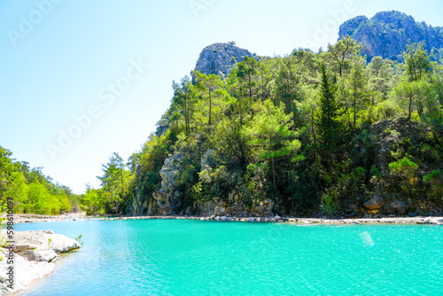 Goynuk canyon near Kemer. Idyllic landscape with rocks and canyons and turquoise water. Nature in Turkey. 