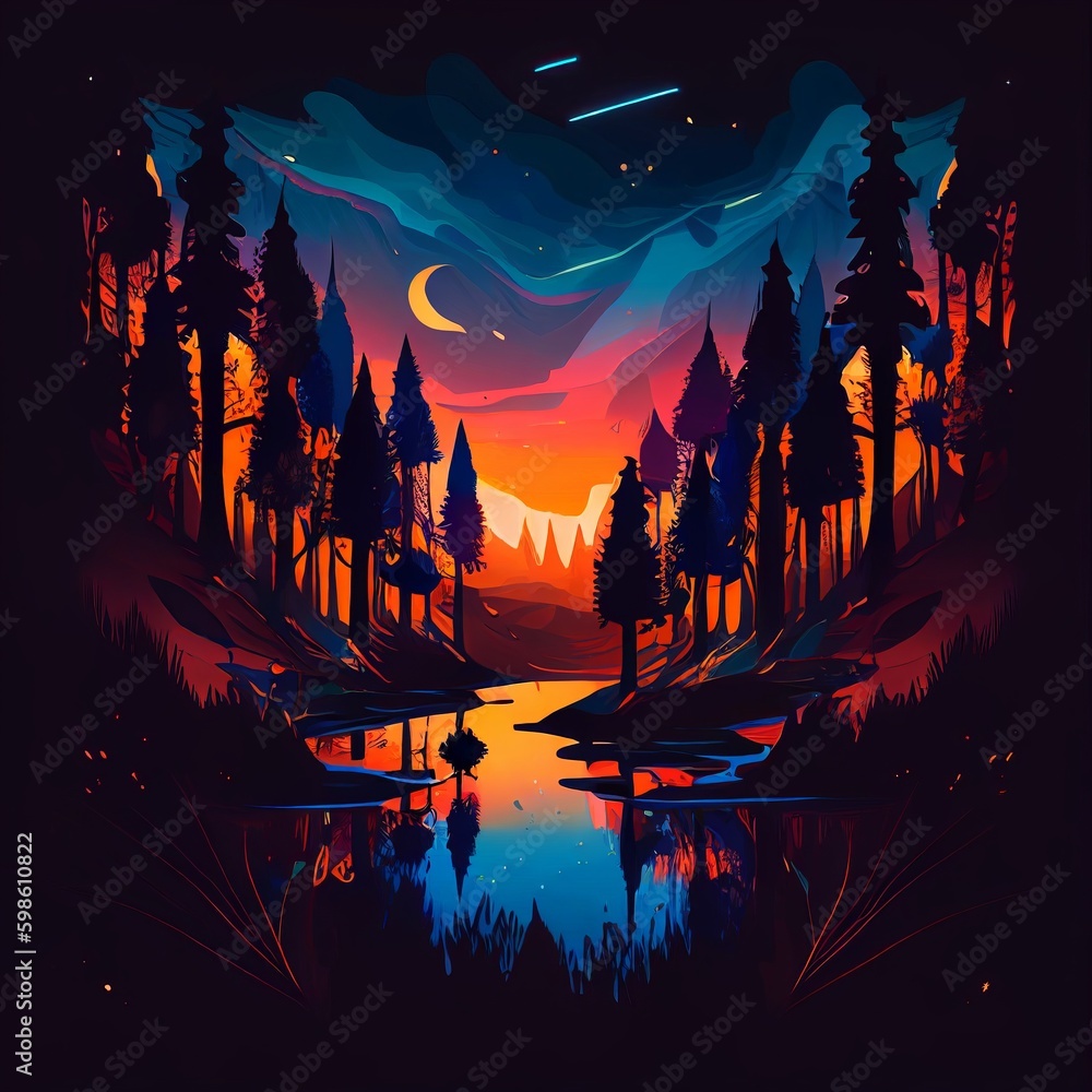 silhouette night landscape forest and river Generative AI