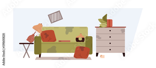 Dirty living room with stains on sofa and mess, flat vector illustration isolated on white background.