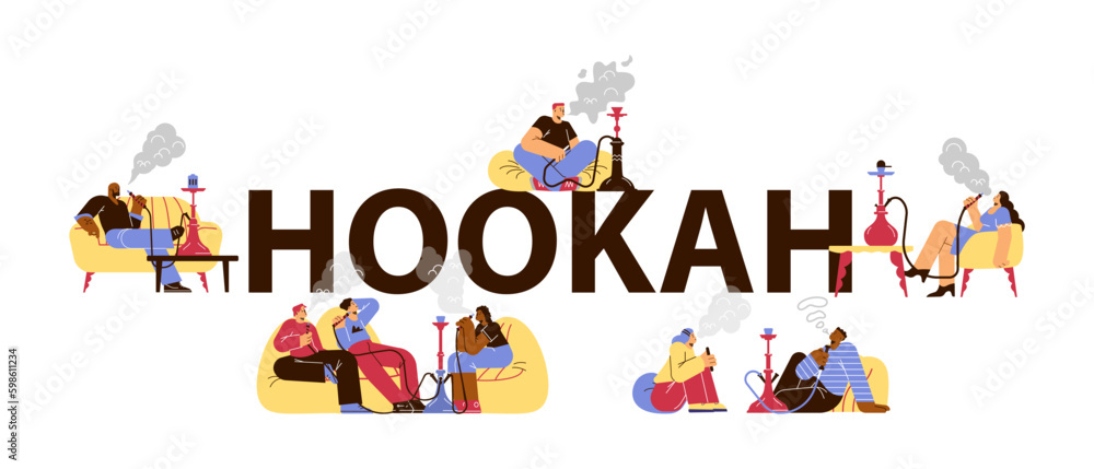 Fototapeta premium Hookah banner template with hookah pipe and people characters flat vector.