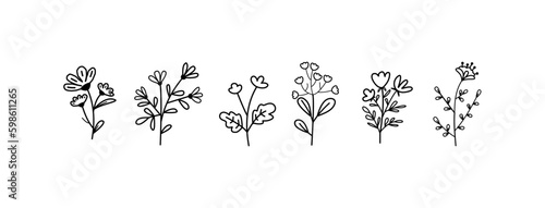  Cute abstract floral hand drawn plants and flowers line art Vector illustration. Trendy Modern cartoon style pattern template collection. for logo, tattoo, invitation, card, and prints.