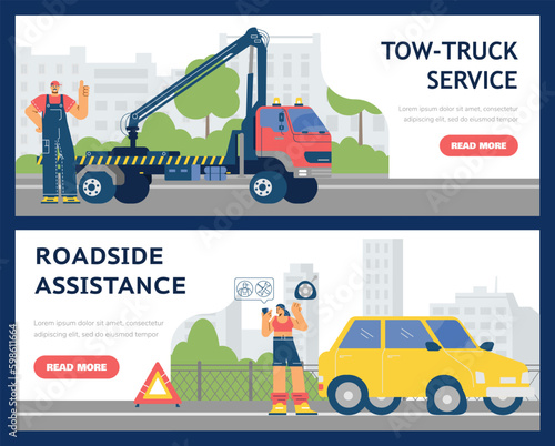 Tow truck service and roadside assistance web banners set, flat vector illustration.