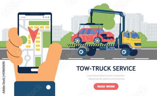 Tow truck service web banner template, flat vector illustration.