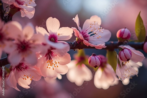 Sakura flowers blooming beautiful pink cherry blossom with generative AI technology © Nayan