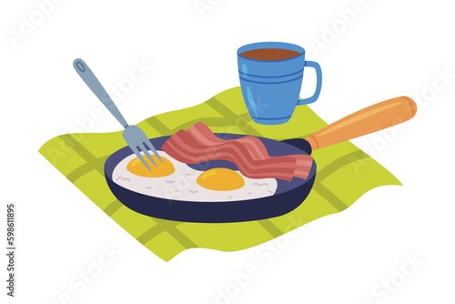 Scrambled Eggs and Bacon on Frying Pan with Coffee as Tasty Breakfast or Brunch with Typical Food Vector Illustration