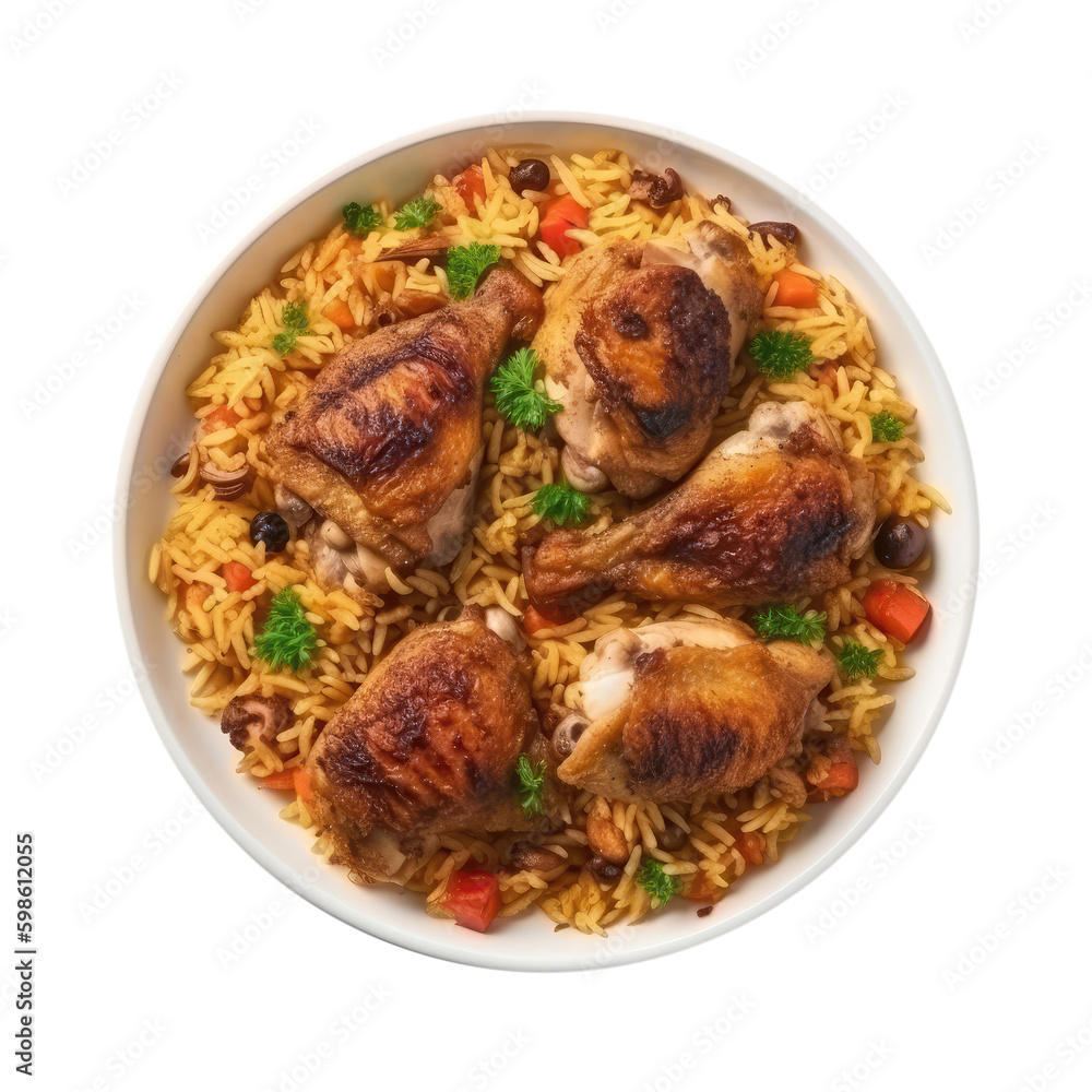 Fototapeta premium Chicken Pilaf On White Plate, Turkish Dish. On An Isolated Transparent Background, Png. Generative AI