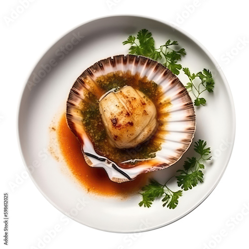 Coquilles Saintjacques On White Plate, French Dish. On An Isolated Transparent Background, Png. Generative AI photo