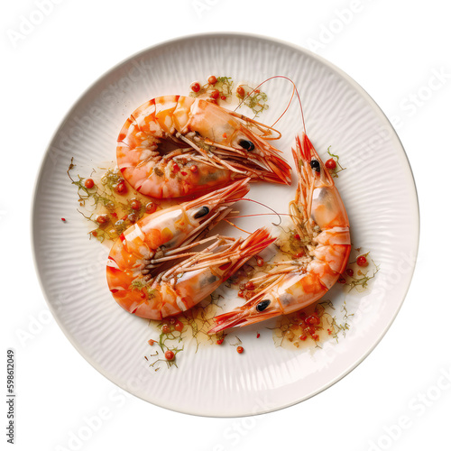 Crevettes La Provenale On White Plate, French Dish. On An Isolated Transparent Background, Png. Generative AI photo