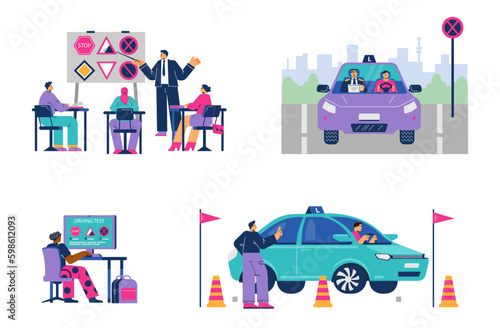 Driving school scenes set, flat vector illustration isolated on white background.