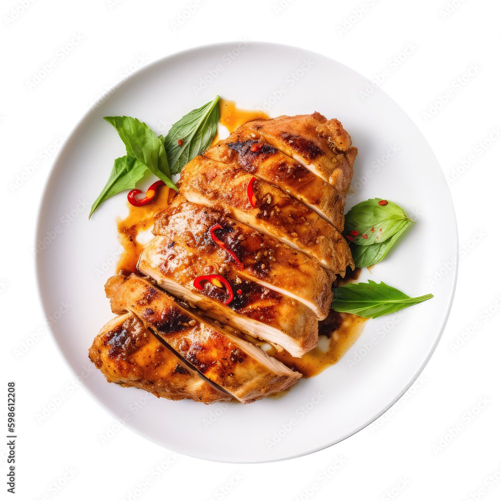 Gai Yang Grilled Chicken On White Plate, Thai Dish. On An Isolated Transparent Background, Png. Generative AI