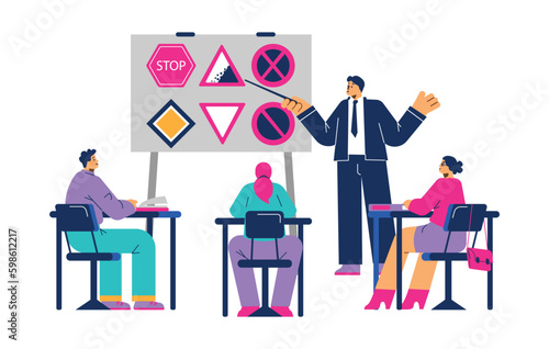 Driving school with people learning traffic rules, vector illustration isolated.