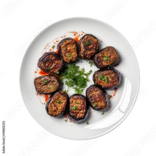 Eggplant Kebab On White Plate, Turkish Dish. On An Isolated Transparent Background, Png. Generative AI