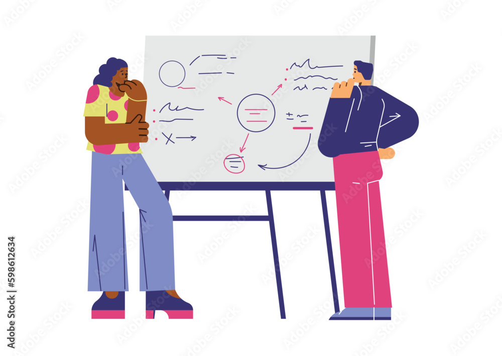 Fototapeta premium Business people think about startup strategy, flat vector illustration isolated.