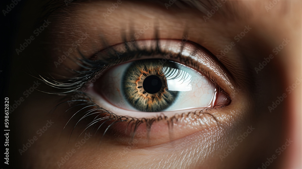 close up of a beautiful blue eye with yellow iris, human eye in closeup, close up of the human eye, Generative AI