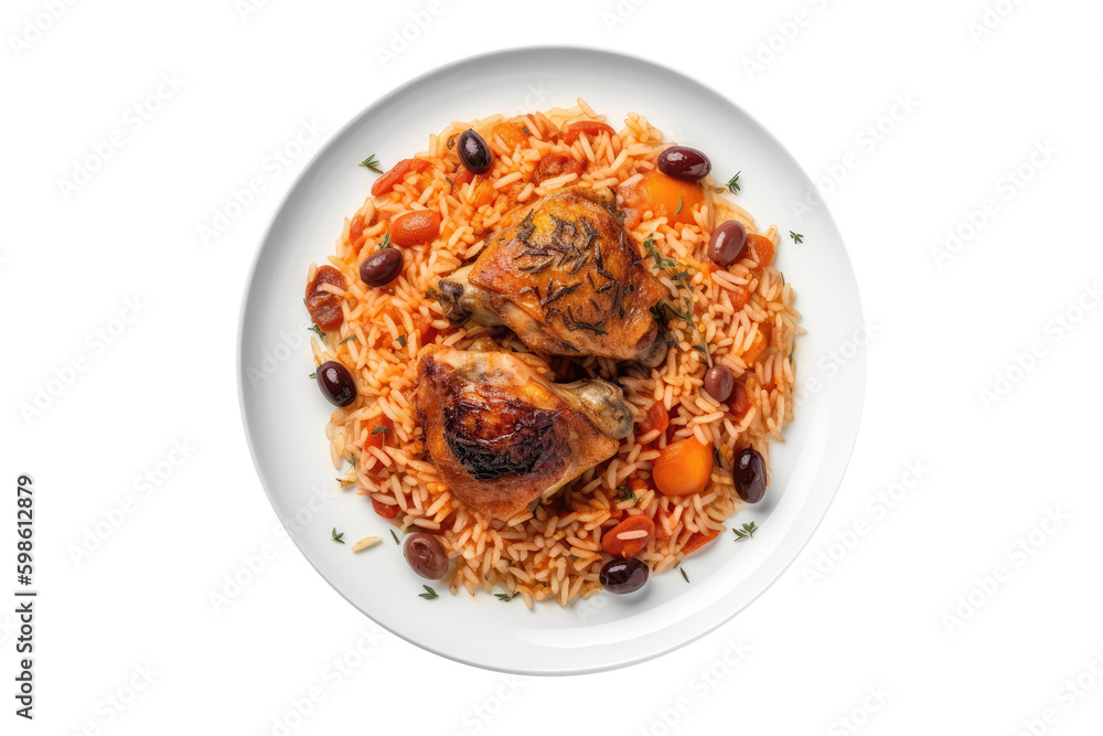 Kotopoulo Me Rizi Chicken With Rice On White Plate, Greek Dish. On An Isolated Transparent Background, Png. Generative AI