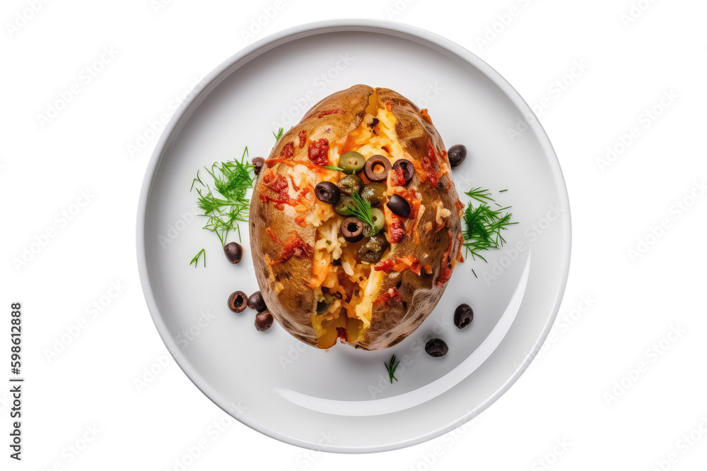 Kumpir Stuffed Baked Potato On White Plate, Turkish Dish. On An Isolated Transparent Background, Png. Generative AI Kumpir Stuffed Baked Potato On White Plate, Turkish Dish. On An Isolated Transparent Background, Png. Generative AI