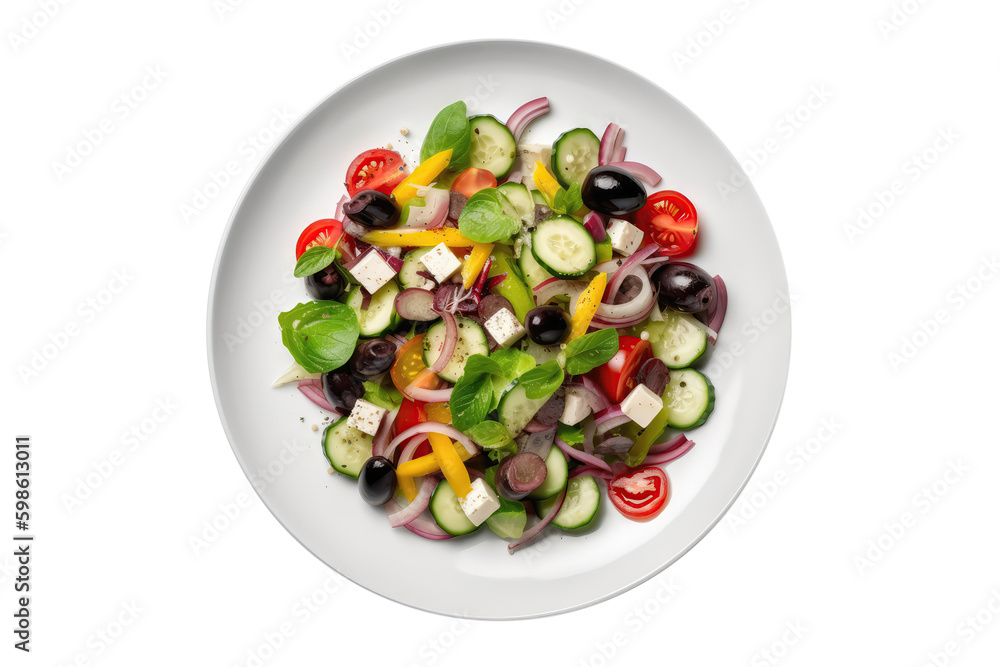 Greek Salad On White Plate, Greek Dish. On An Isolated Transparent Background, Png. Generative AI