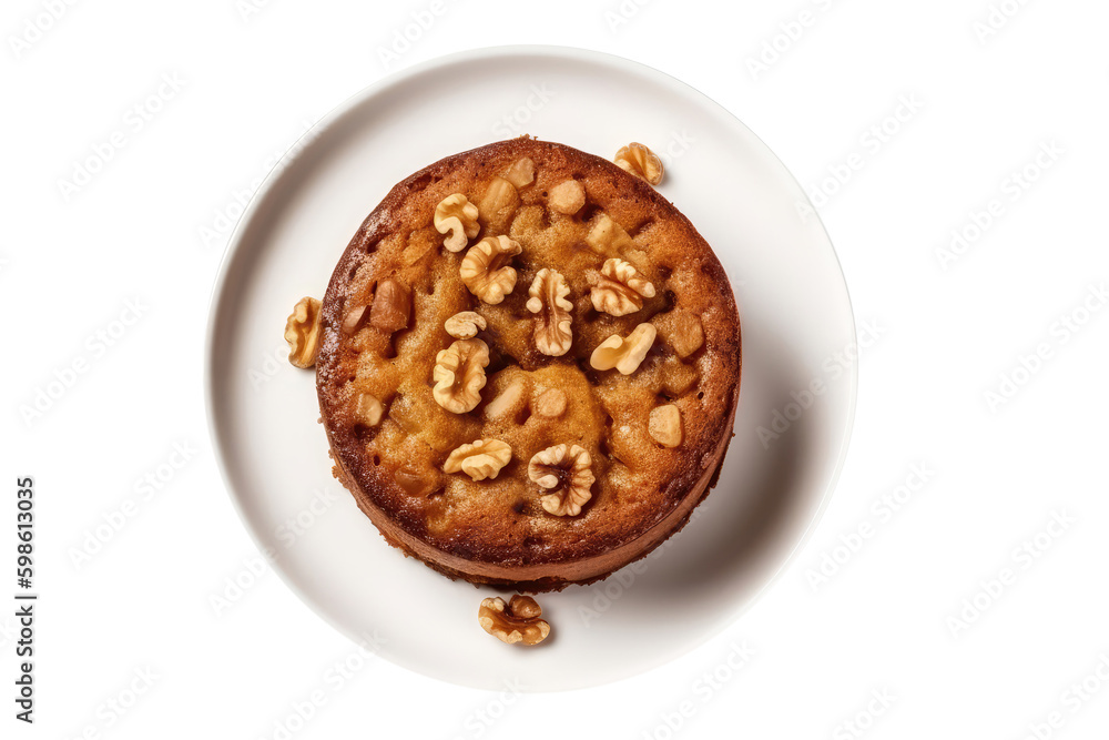 Karydopita Walnut Cake On White Plate, Greek Dish. On An Isolated Transparent Background, Png. Generative AI Karydopita Walnut Cake On White Plate, Greek Dish. On An Isolated Transparent Background, Png. Generative AI
