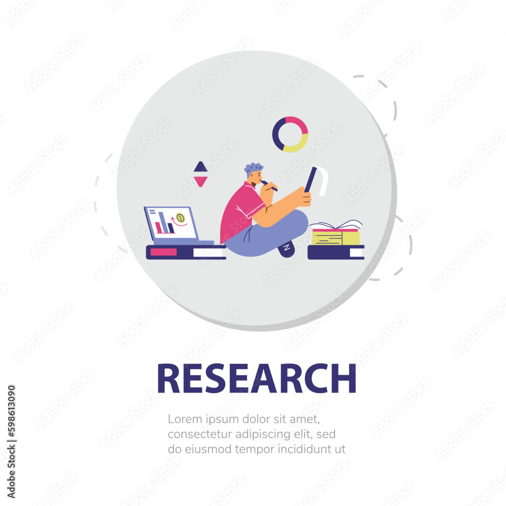 Research icon with young man looking for information about business idea, flat vector illustration isolated on white.