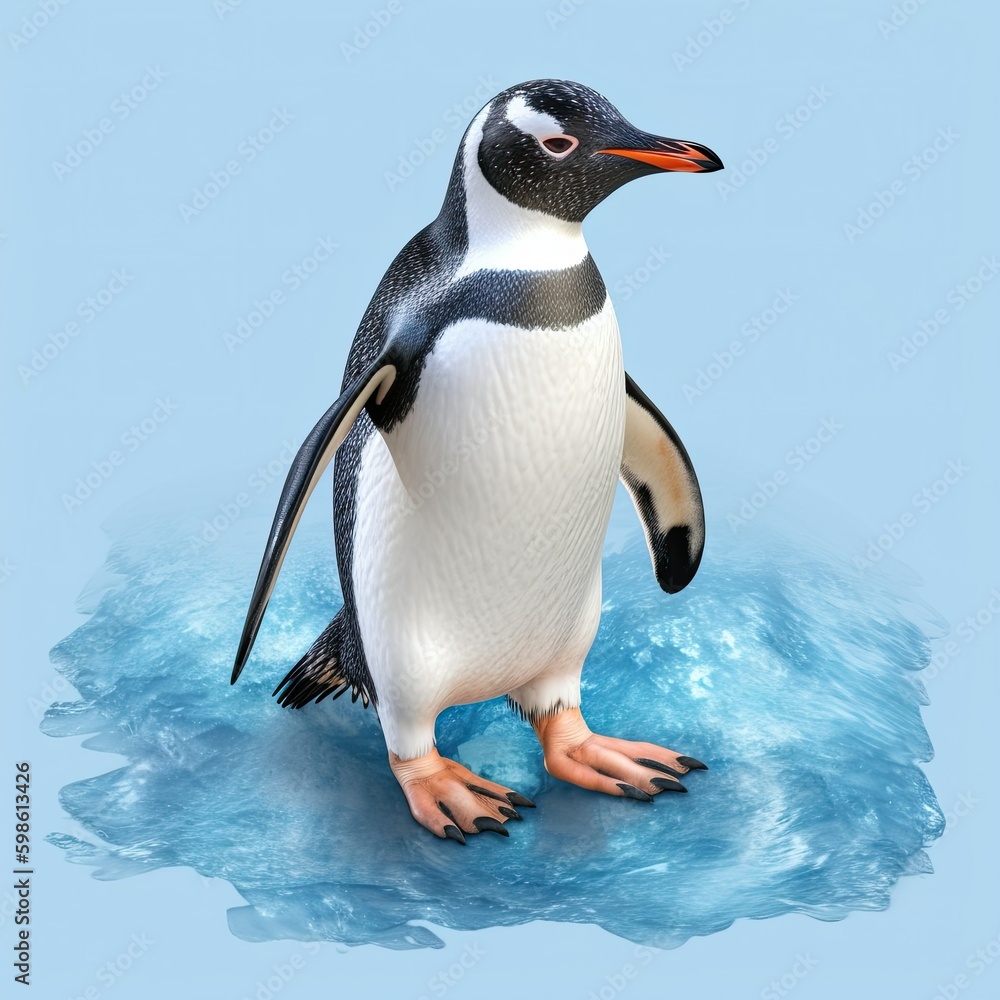 Fototapeta premium single penguin standing on blue ice, generative ai