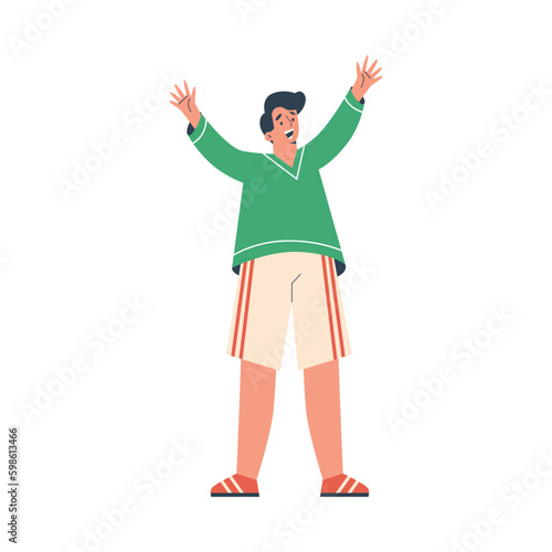 Happy young boy hands up flat style, vector illustration