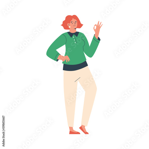 Happy woman experiencing joyful emotion flat vector illustration isolated.