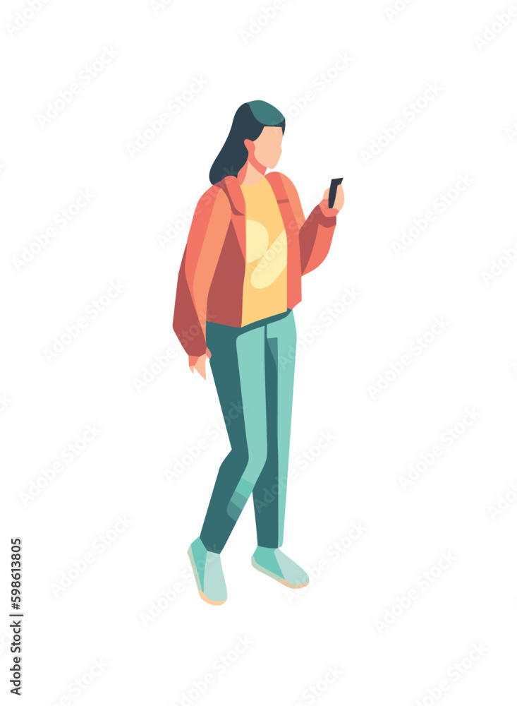 woman walking with smart phone, vector illustration Generative AI woman walking with smart phone, vector illustration Generative AI