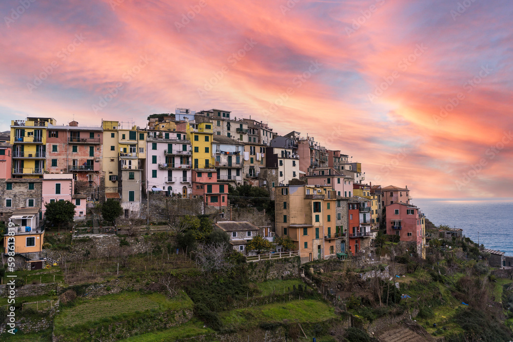 Scenic view of Coniglia village at sunset. Coniglia is located in Cinque Terre, Italy