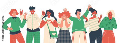 Group of people with different positive emotions flat style, vector illustration