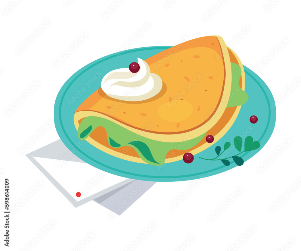 Pancake with Whipped Cream and Berry on Plate as Tasty Breakfast or Brunch with Typical Food Vector Illustration Pancake with Whipped Cream and Berry on Plate as Tasty Breakfast or Brunch with Typical Food Vector Illustration