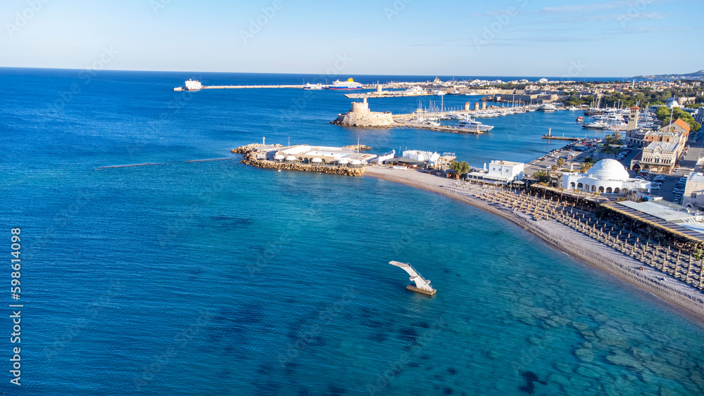 Aerial birds eye view photo Rhodes island town Elli beach a popular summer tourism, Dodecanese, Aegean, Greece. Drone photo.