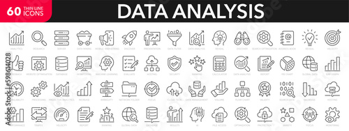Data analysis line icons set. Analytics, server, mining, data filter, traffic, AI, hosting, monitoring. Statistics and analytics outline icons collection. - stock vector. © Comauthor