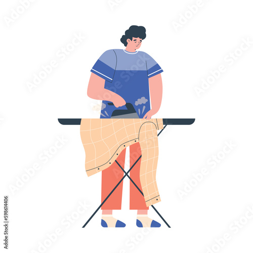 Man ironing shirt on board with electric iron, flat vector illustration isolated on white background.