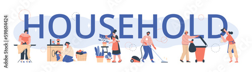 People doing various household chores flat style, vector illustration