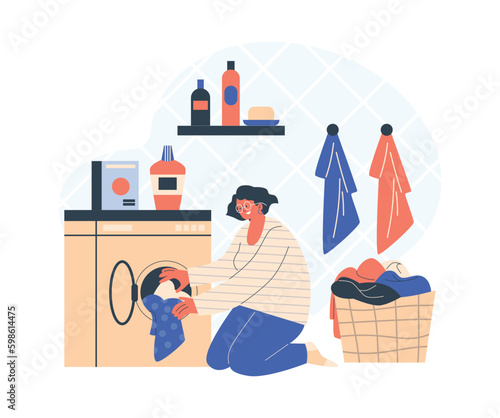 Woman doing laundry at home, flat vector illustration isolated on white background.