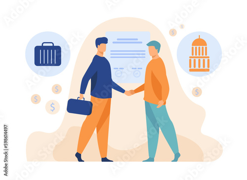 Public and private sectors partnership vector illustration. Male characters shaking hands, agreeing on long term contract. Participation of private sector, business, finance concept Generative AI