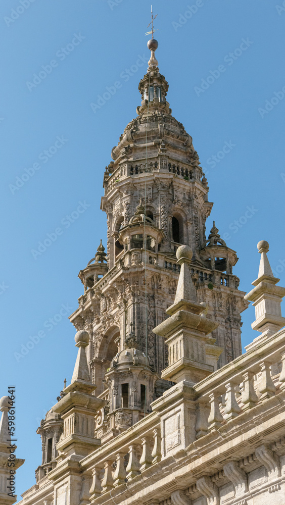 Santiago de Compostela, Galicia, Spain - April 4, 2023: Bell tower of Santiago de Compostela Cathedral