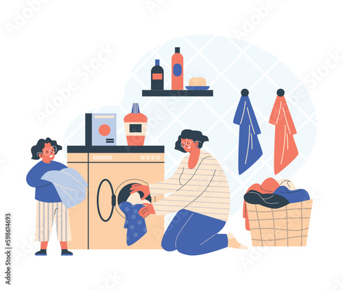 Little boy helping his mother to do laundry, flat vector illustration isolated on white background.